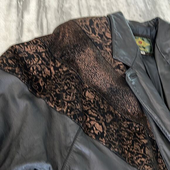 Vintage 80’s Avanti Black Leather Duster Trench Coat Copper Embossed Suede - Picture 15 of 16